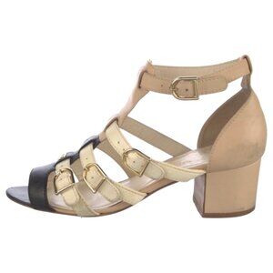 Chanel Beige Black Leather Interlocking CC Logo Gladiator Sandals